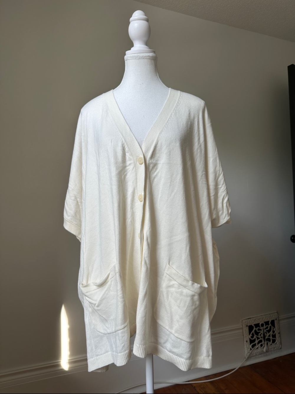 J.‎ JILL Wearever Cream Oversized Preppy Staple Short Sleeve Cardigan Large